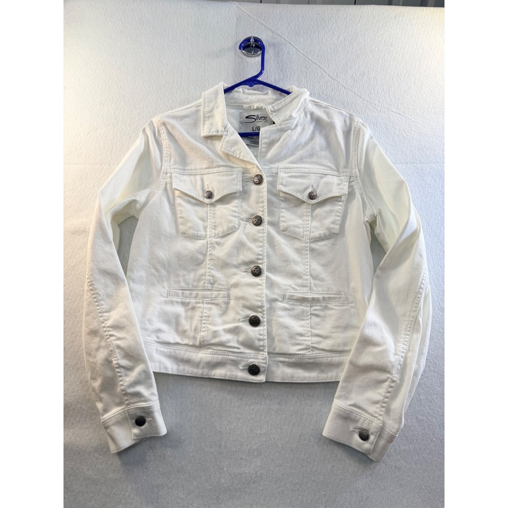 Silver Jeans Co Womens White Denim Trucker Jacket Large Embossed Buttons L/G